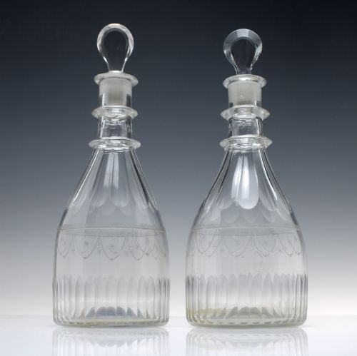 PAIR 18TH CENTURY ENGRAVED TAPER GLASS DECANTERS C1780 - ADDITIONAL PHOTO 1