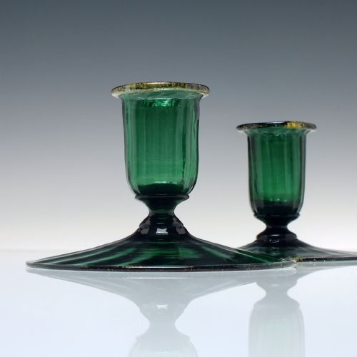 RARE PAIR ANTIQUE ITALIAN SALVIATI BED CHAMBER GREEN GLASS CANDLESTICKS C1900 - ADDITIONAL PHOTO 1