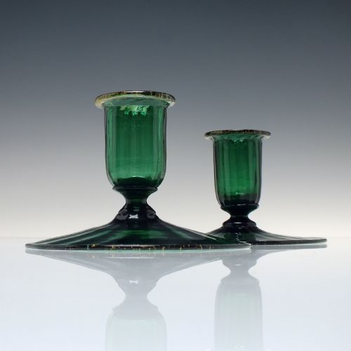 RARE PAIR ANTIQUE ITALIAN SALVIATI BED CHAMBER GREEN GLASS CANDLESTICKS C1900 - ADDITIONAL PHOTO 2