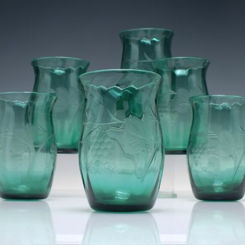 six vintage whitefriars pattern m2 engraved green glass tumblers c1933 - CATEGORY: ANTIQUE GLASS - DATED 1930