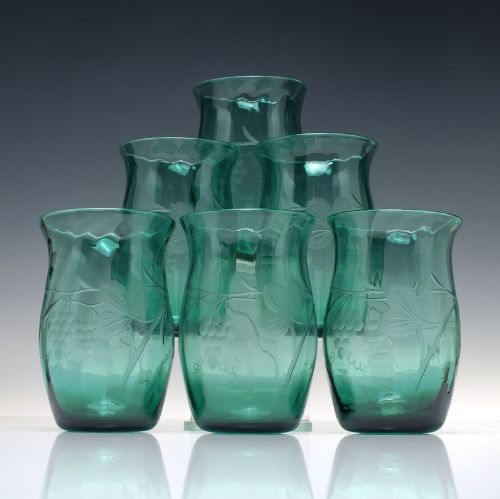SIX VINTAGE WHITEFRIARS PATTERN M2 ENGRAVED GREEN GLASS TUMBLERS C1933 - ADDITIONAL PHOTO 1
