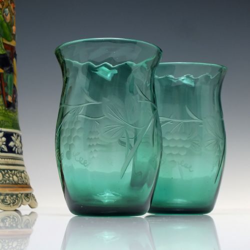 SIX VINTAGE WHITEFRIARS PATTERN M2 ENGRAVED GREEN GLASS TUMBLERS C1933 - ADDITIONAL PHOTO 2