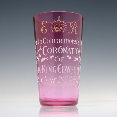 edward vii coronation enamelled cranberry glass tumbler 1902 - CATEGORY: ANTIQUE GLASS - DATED 1900