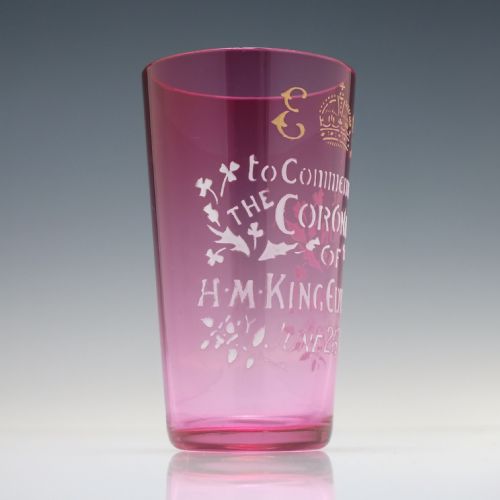 EDWARD VII CORONATION ENAMELLED CRANBERRY GLASS TUMBLER 1902 - ADDITIONAL PHOTO 1