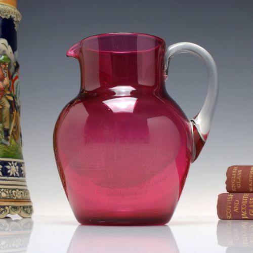 antique scottish national exhibition cranberry glass jug c1908 - CATEGORY: ANTIQUE GLASS - DATED 1910
