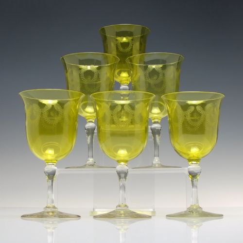 rare set of six edwardian engraved yellow wine glasses c1910 - CATEGORY: ANTIQUE GLASS - DATED EDWARDIAN