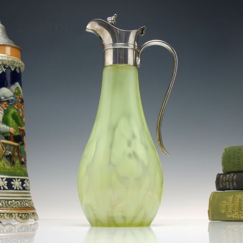 rare victorian vaseline glass claret jug with silver plated top c1890 - CATEGORY: ANTIQUE SILVER - DATED VICTORIAN