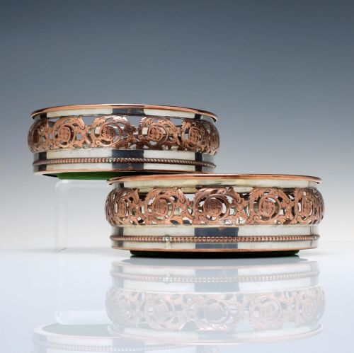 pair of arts crafts copper and silver plated decanter stands or coasters c1880 - CATEGORY: ANTIQUE METAL - DATED VICTORIAN