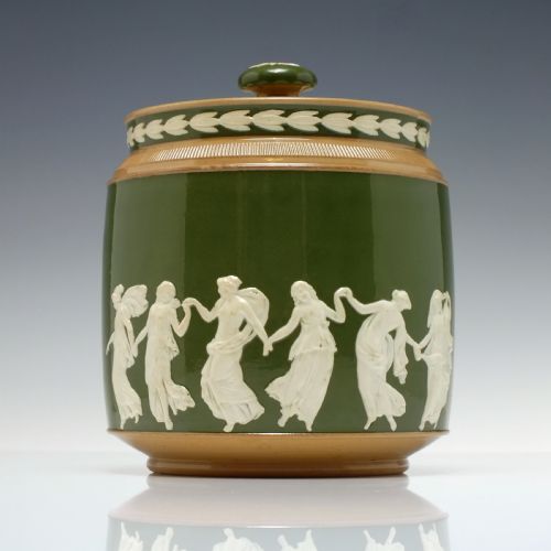 victorian copland spode green jasperware biscuit barrel c1895 - CATEGORY: ANTIQUE CERAMICS - DATED VICTORIAN