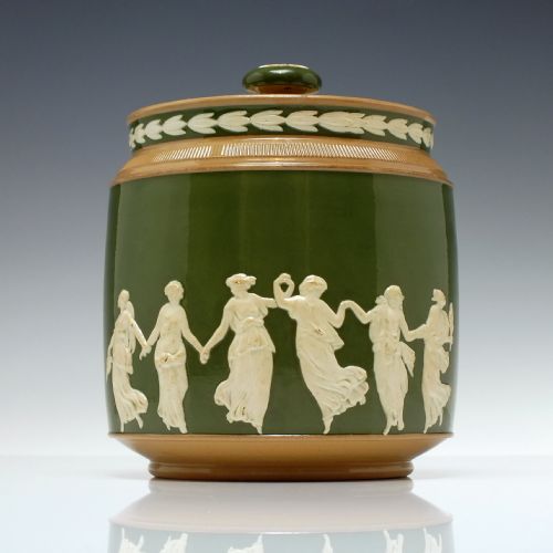 VICTORIAN COPLAND SPODE GREEN JASPERWARE BISCUIT BARREL C1895 - ADDITIONAL PHOTO 1