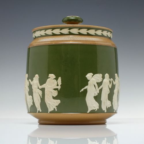 VICTORIAN COPLAND SPODE GREEN JASPERWARE BISCUIT BARREL C1895 - ADDITIONAL PHOTO 2