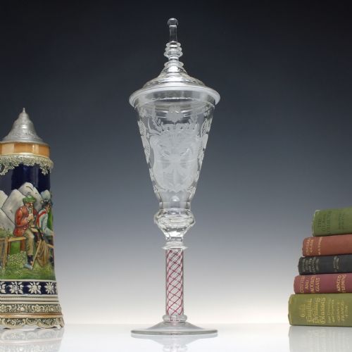 large engraved antique colour opaque twist josephinenhutte lidded wine goblet c1900 - CATEGORY: ANTIQUE GLASS - DATED 1910