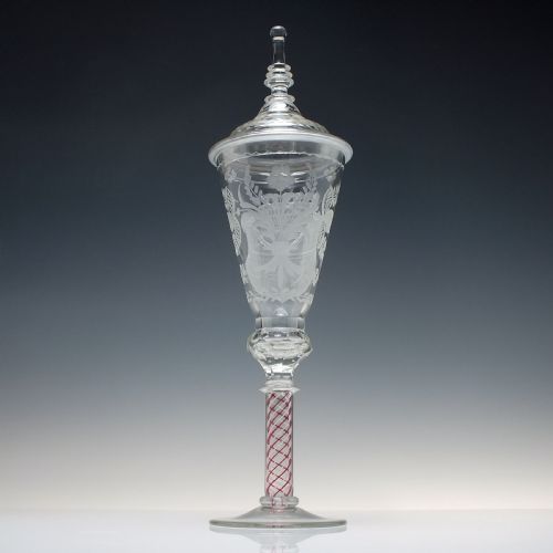 LARGE ENGRAVED ANTIQUE COLOUR OPAQUE TWIST JOSEPHINENHUTTE LIDDED WINE GOBLET C1900 - ADDITIONAL PHOTO 1
