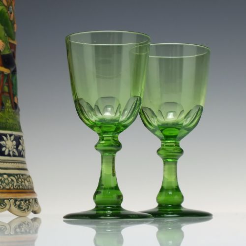 pair antique 19th century apple green wine glasses c1850 - CATEGORY: ANTIQUE GLASS - DATED VICTORIAN