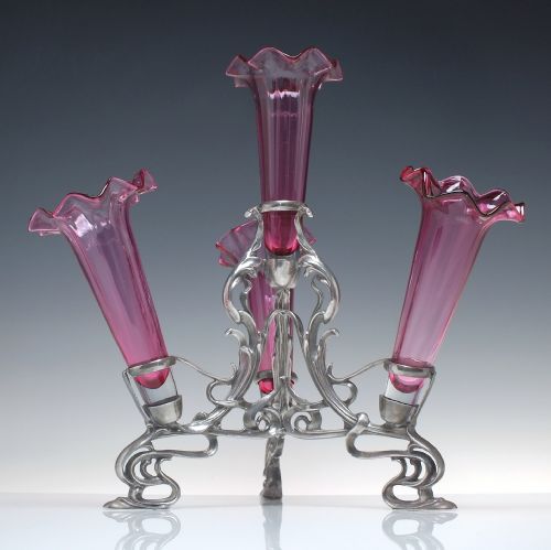 art nouveau cranberry glass epergne in silver plated stand c1900 - CATEGORY: ANTIQUE GLASS - DATED VICTORIAN