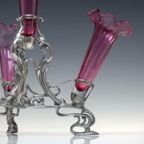ART NOUVEAU CRANBERRY GLASS EPERGNE IN SILVER PLATED STAND C1900 - ADDITIONAL PHOTO 1