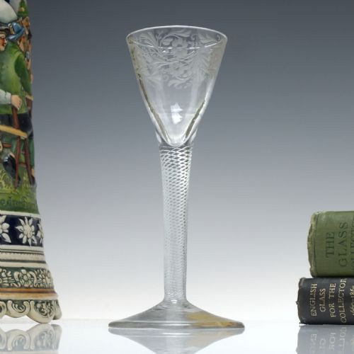 georgian engraved air twist wine glass c1750 ex arthur churchill collection - CATEGORY: ANTIQUE GLASS - DATED GEORGIAN