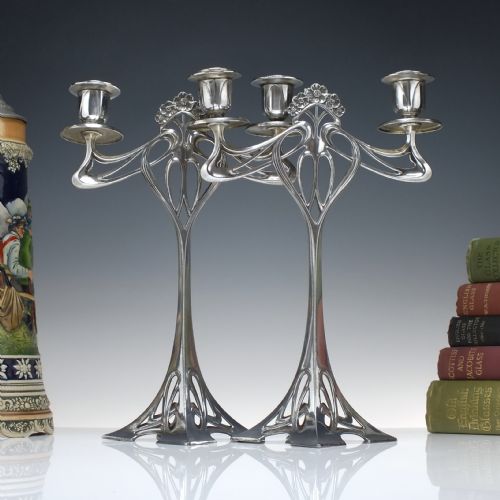 pair antique wmf art nouveau silver plated candle sticks candelabra c1906 - CATEGORY: ANTIQUE SILVER - DATED 1910