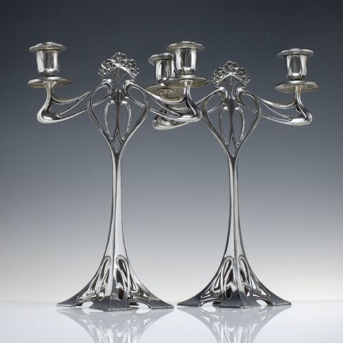 PAIR ANTIQUE WMF ART NOUVEAU SILVER PLATED CANDLE STICKS CANDELABRA C1906 - ADDITIONAL PHOTO 1