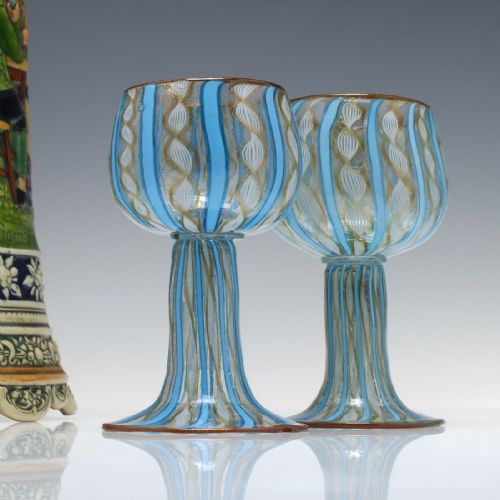 pair of venetian salviati c zanfirico aventurine wine glasses 185990 - CATEGORY: ANTIQUE GLASS - DATED 1860