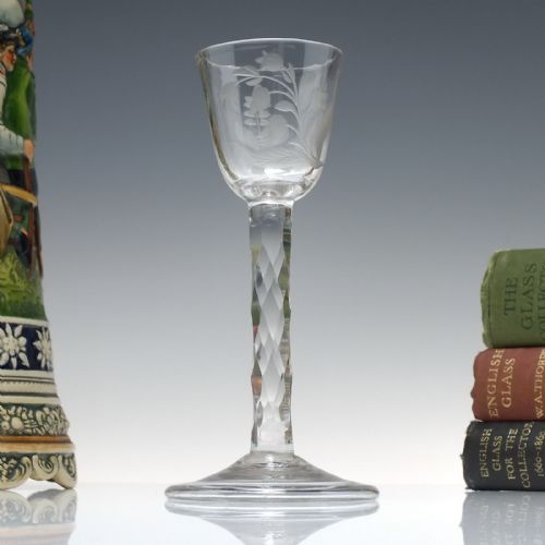 rare facet cut engraved wine glass with folded foot c1750 - CATEGORY: ANTIQUE GLASS - DATED GEORGIAN