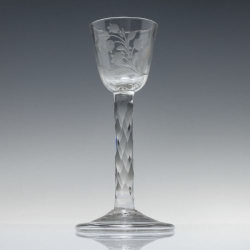 RARE FACET CUT ENGRAVED WINE GLASS WITH FOLDED FOOT C1750 - ADDITIONAL PHOTO 1