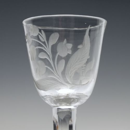 RARE FACET CUT ENGRAVED WINE GLASS WITH FOLDED FOOT C1750 - ADDITIONAL PHOTO 4