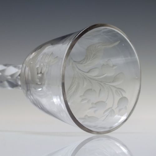 RARE FACET CUT ENGRAVED WINE GLASS WITH FOLDED FOOT C1750 - ADDITIONAL PHOTO 7