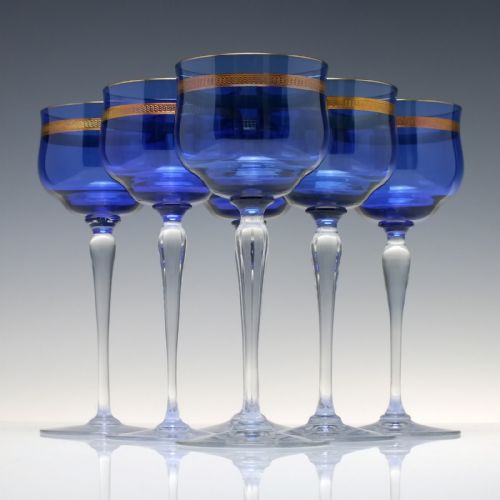 rare set of six art nouveau secessionist copper overlay blue wine glasses c1900 - CATEGORY: ANTIQUE GLASS - DATED 1900