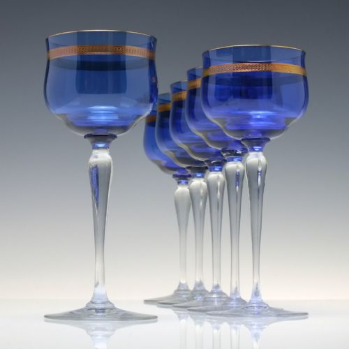RARE SET OF SIX ART NOUVEAU SECESSIONIST COPPER OVERLAY BLUE WINE GLASSES C1900 - ADDITIONAL PHOTO 1