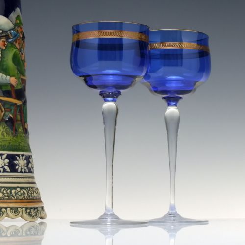 pair art nouveau secessionist copper overlay blue wine glasses c1900 - CATEGORY: ANTIQUE GLASS - DATED 1900