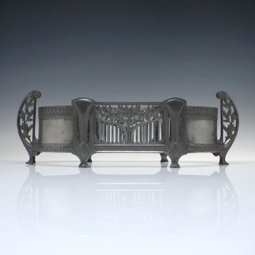 LARGE ARTS CRAFTS JUGENDSTIL PEWTER CENTREPEICE WITH GREEN GLASS LINER C1900 - ADDITIONAL PHOTO 1