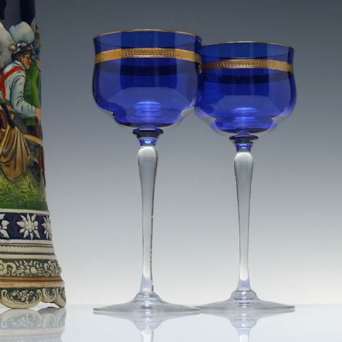 pair art nouveau secessionist copper overlay blue wine glasses c1900 - CATEGORY: ANTIQUE GLASS - DATED 1900