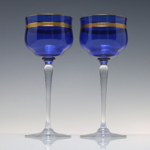 PAIR ART NOUVEAU SECESSIONIST COPPER OVERLAY BLUE WINE GLASSES C1900 - ADDITIONAL PHOTO 1