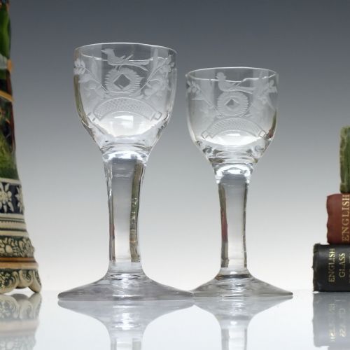 pair engraved 18th century plain stem wine glasses c1750 - CATEGORY: ANTIQUE GLASS - DATED GEORGIAN