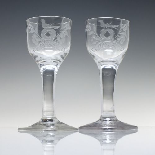PAIR ENGRAVED 18TH CENTURY PLAIN STEM WINE GLASSES C1750 - ADDITIONAL PHOTO 1