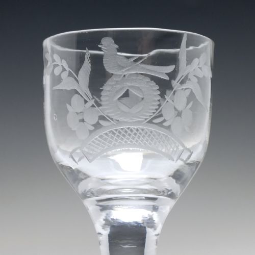 PAIR ENGRAVED 18TH CENTURY PLAIN STEM WINE GLASSES C1750 - ADDITIONAL PHOTO 4