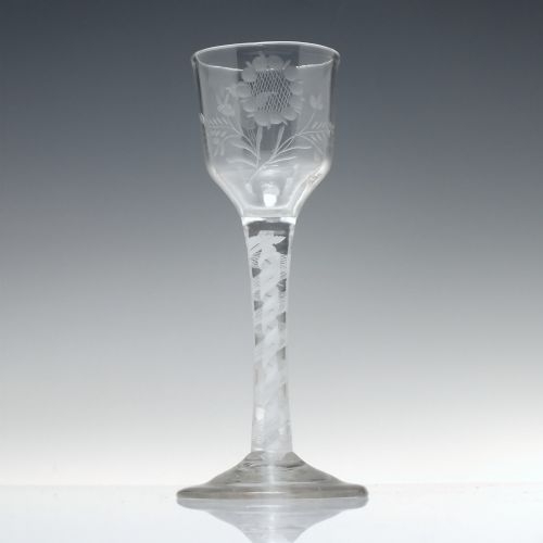 ANTIQUE 18TH CENTURY GEORGIAN ENGRAVED OPAQUE TWIST WINE GLASS C1760 - ADDITIONAL PHOTO 1