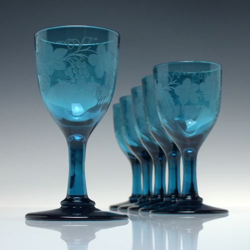 six engraved peacock blue georgian regency wine glasses c1820 - CATEGORY: ANTIQUE GLASS - DATED 1800