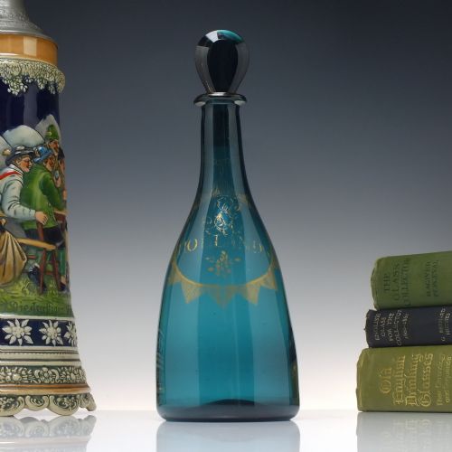 georgian peacock blue gilded hollands decanter c1800 - CATEGORY: ANTIQUE GLASS - DATED GEORGIAN