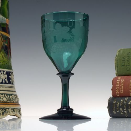 engraved 19th century turquoise wine glass c1820 - CATEGORY: ANTIQUE GLASS - DATED 1800