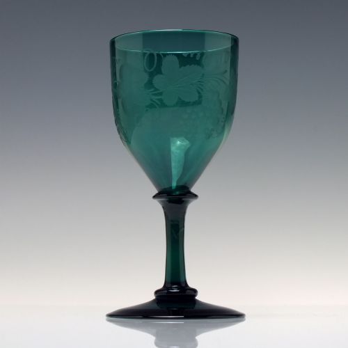 ENGRAVED 19TH CENTURY TURQUOISE WINE GLASS C1820 - ADDITIONAL PHOTO 1