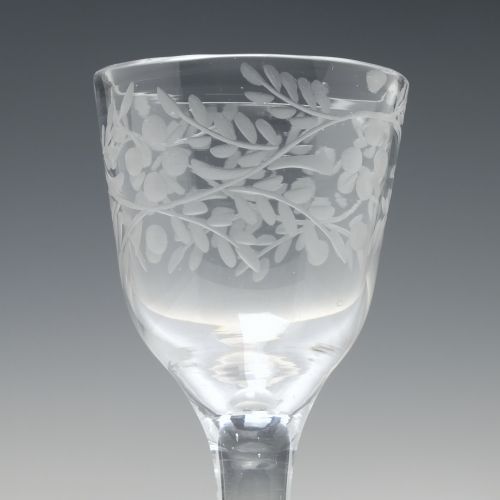 18TH CENTURY GEORGIAN ENGRAVED BALUSTROID WINE GLASS C1740 - ADDITIONAL PHOTO 4