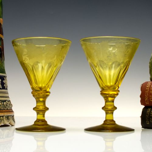 pair antique victorian engraved amber wine glasses c1860 - CATEGORY: ANTIQUE GLASS - DATED 1860