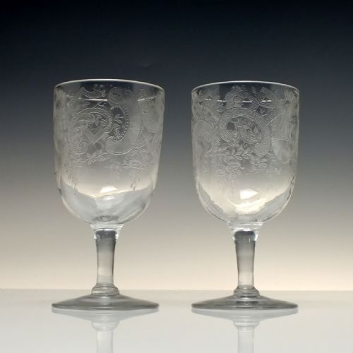 PAIR ANTIQUE VICTORIAN MACHINE ENGRAVED GLASS WINE GOBLETS C1890 - ADDITIONAL PHOTO 1