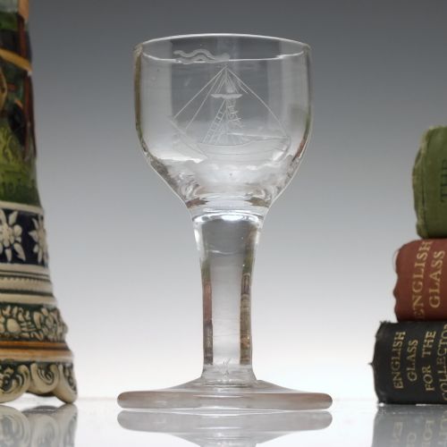18th century ship engraved plain stem dram glass c1750 - CATEGORY: ANTIQUE GLASS - DATED 1750