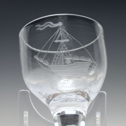 18TH CENTURY SHIP ENGRAVED PLAIN STEM DRAM GLASS C1750 - ADDITIONAL PHOTO 4