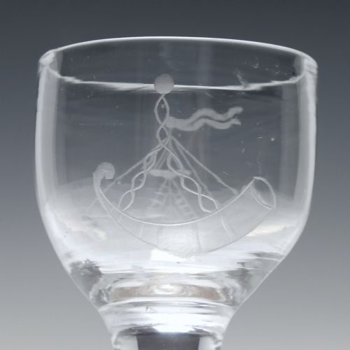 18TH CENTURY SHIP ENGRAVED PLAIN STEM DRAM GLASS C1750 - ADDITIONAL PHOTO 5