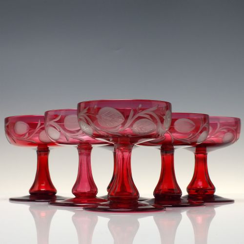 six antique victorian engraved cranberry champagne glasses c1880 - CATEGORY: ANTIQUE GLASS - DATED 1880