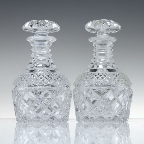 pair antique edwardian miniature personal whisky or spirit glass decanters c1910 - CATEGORY: ANTIQUE GLASS - DATED 1900